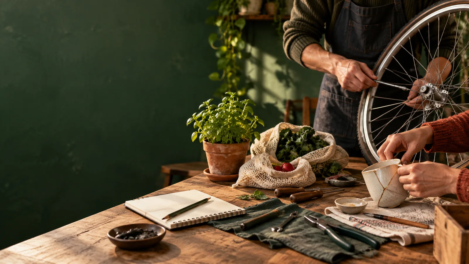 A calm repair and making workshop with a bicycle, tools, and herbs