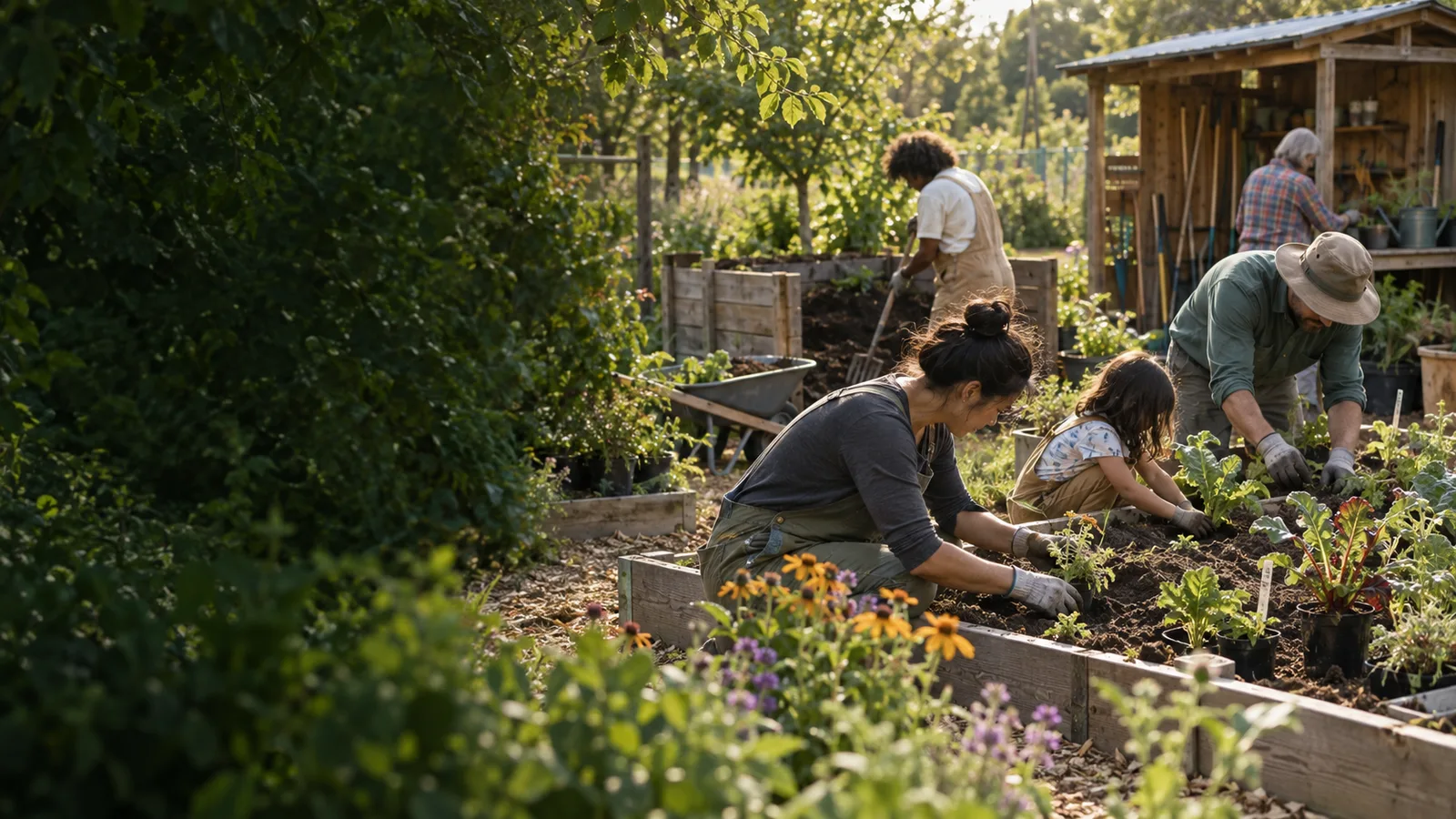 People of different ages planting together in a community garden