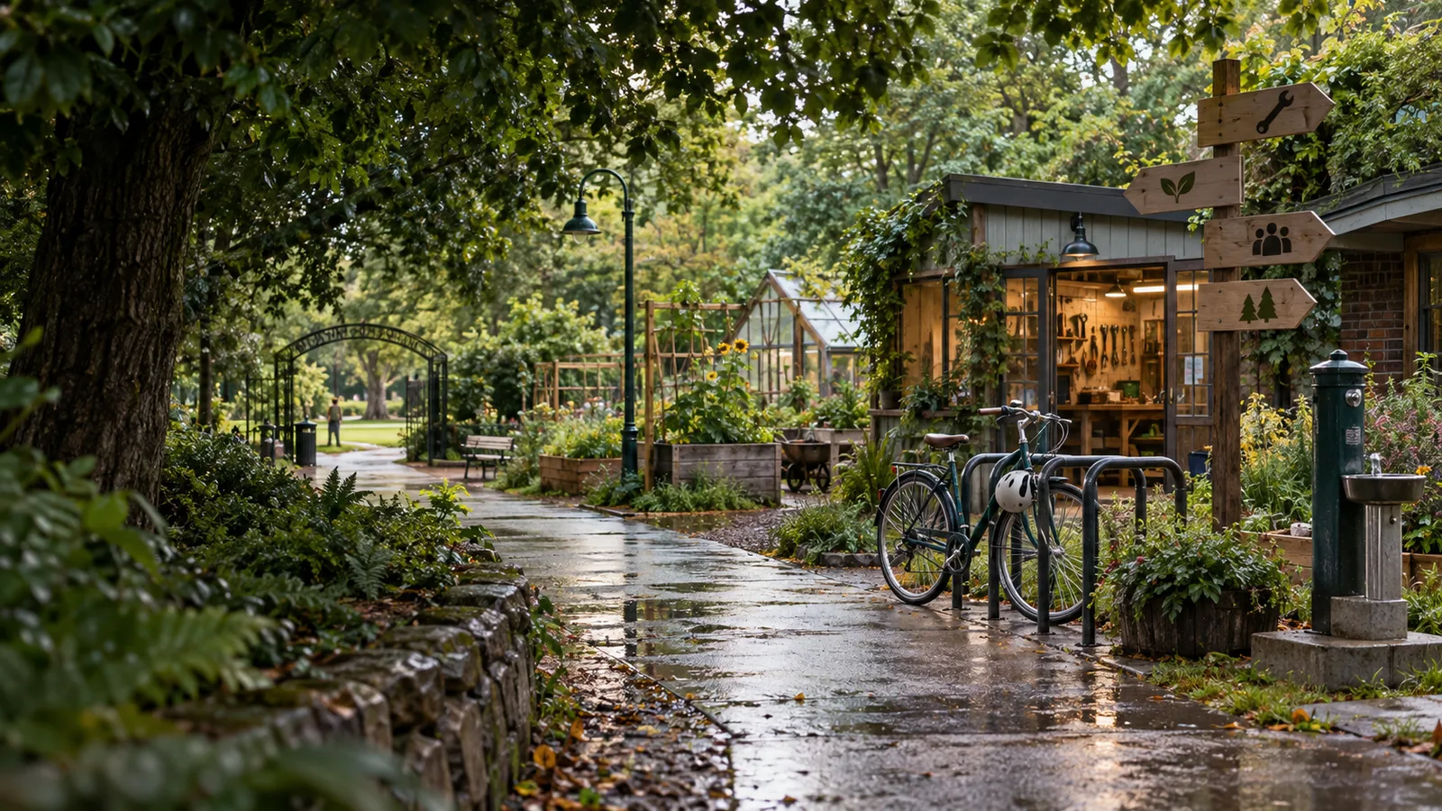 A leafy neighborhood path leading past gardens, a repair café, and a refill fountain