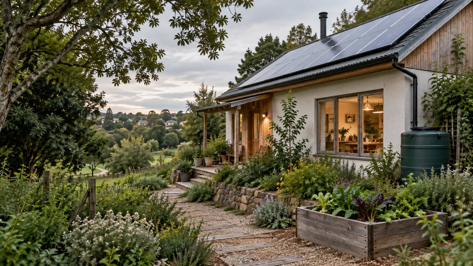 A modest sustainable home with solar panels, a rain barrel, and a garden