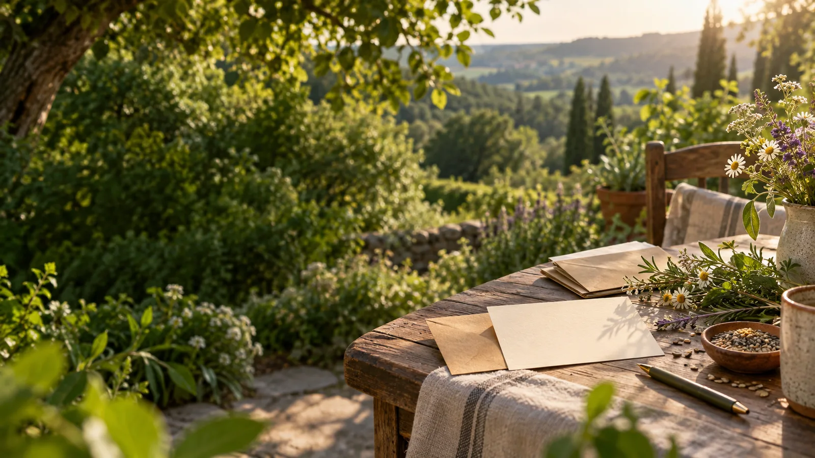 A garden table with seed packets, blank postcards, and a green landscape
