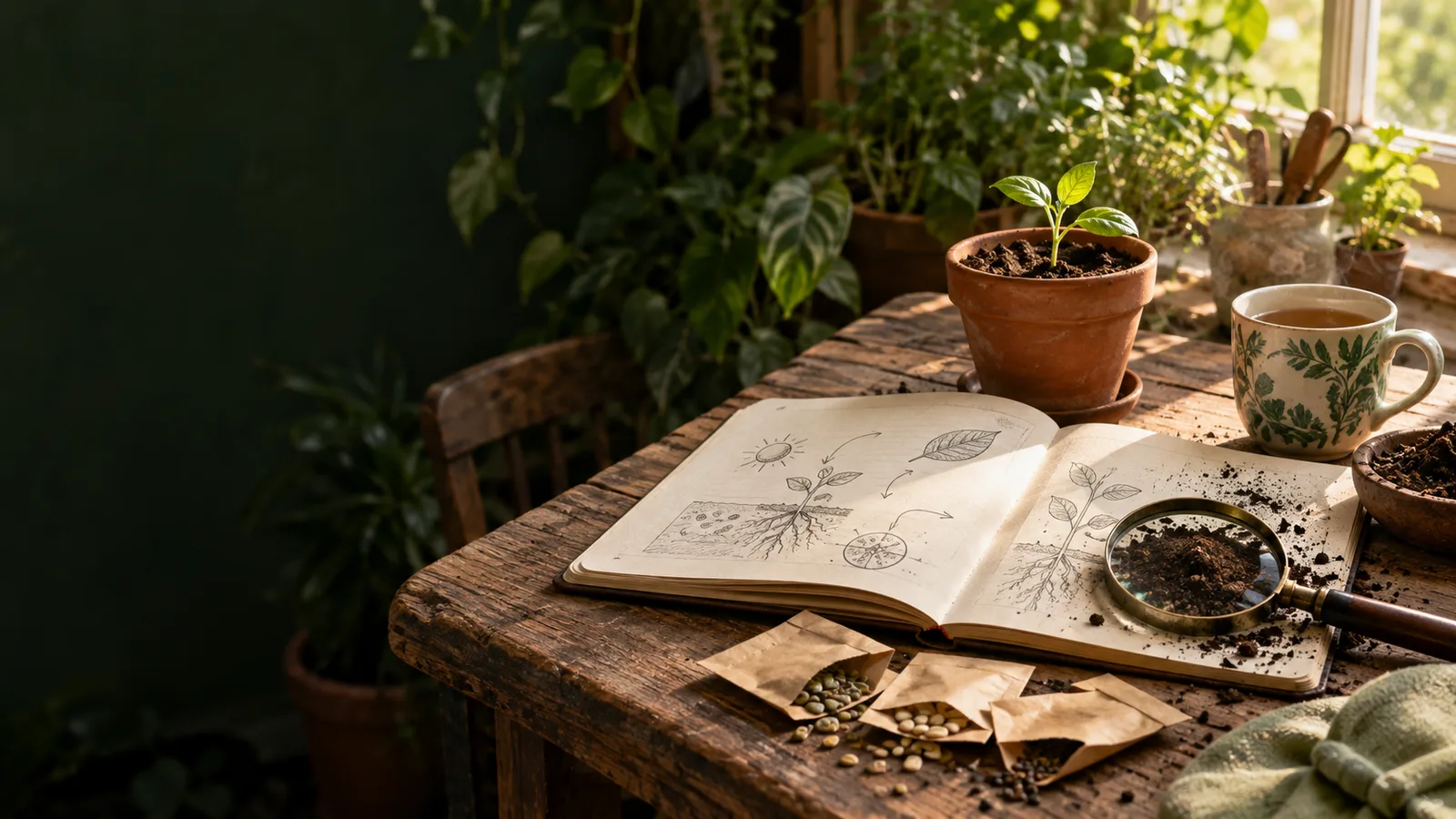 A notebook, seedling, soil, and magnifying glass ready for learning