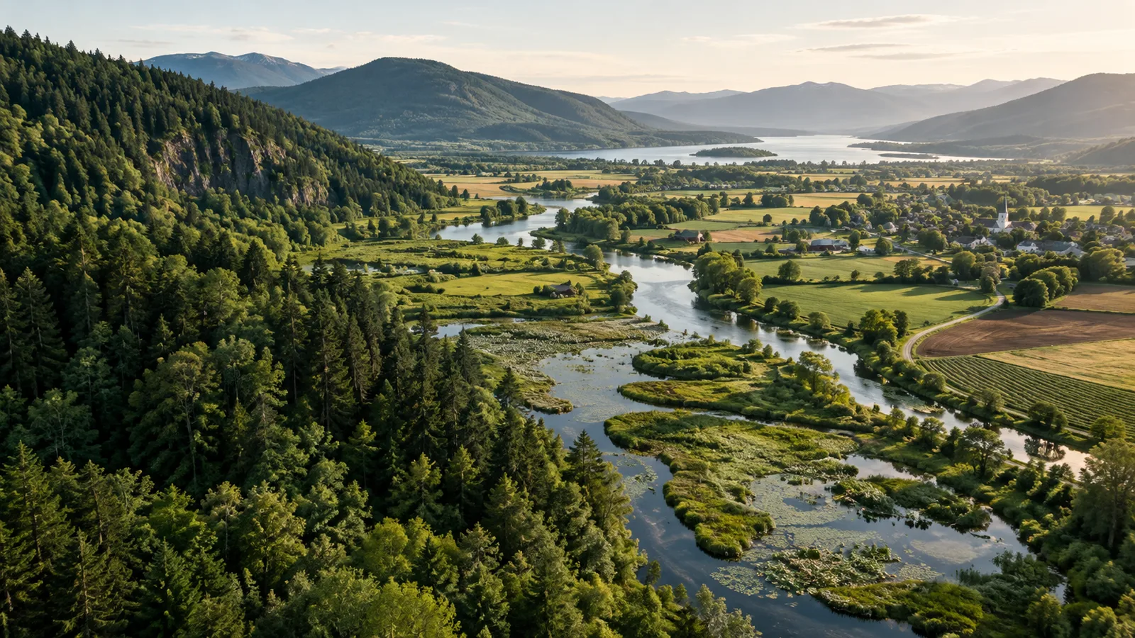 A green river valley with wetlands, forests, fields, and a small settlement